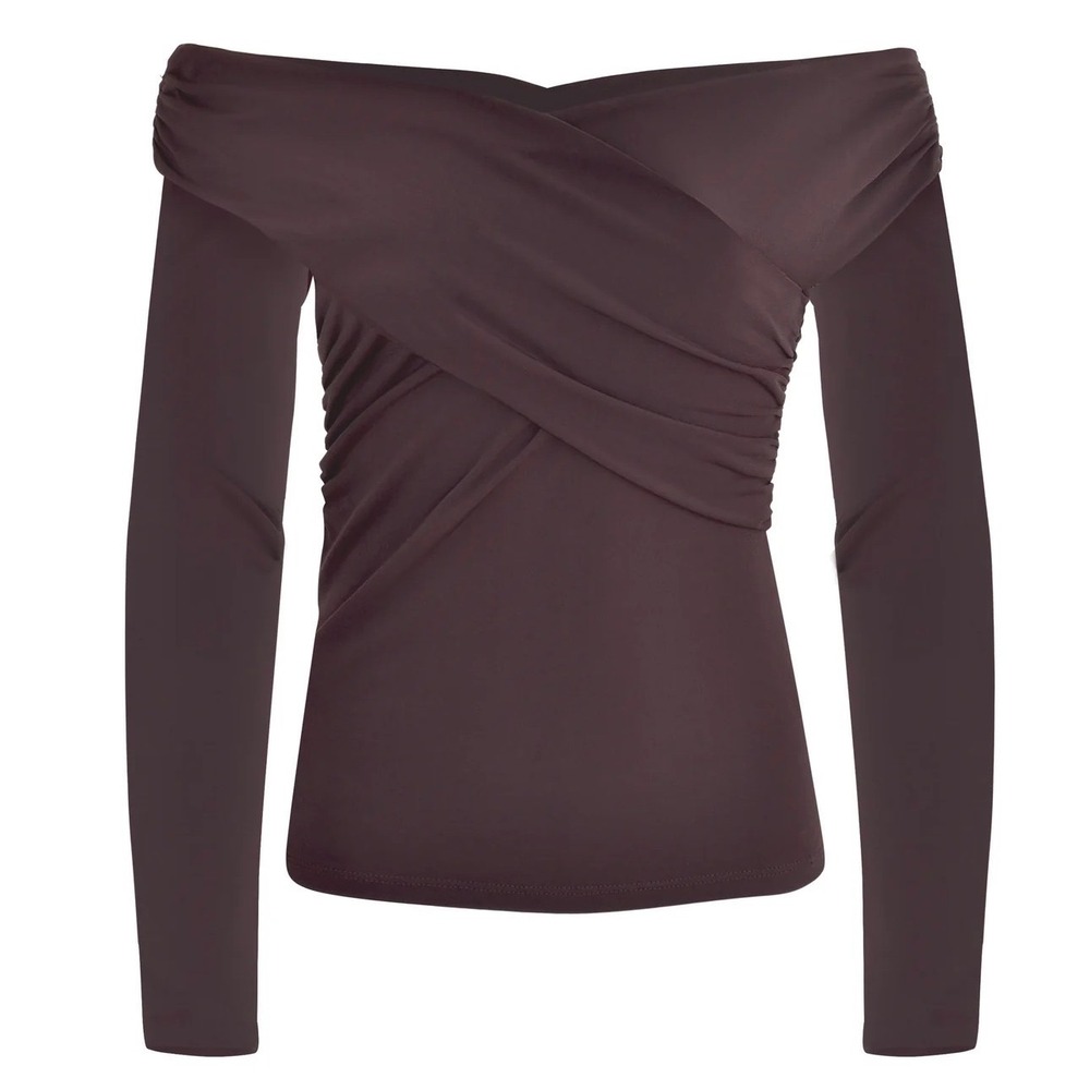 ZARA Off The Shoulder Top Women M Brown Crossover Ruched Long Sleeve Excellent